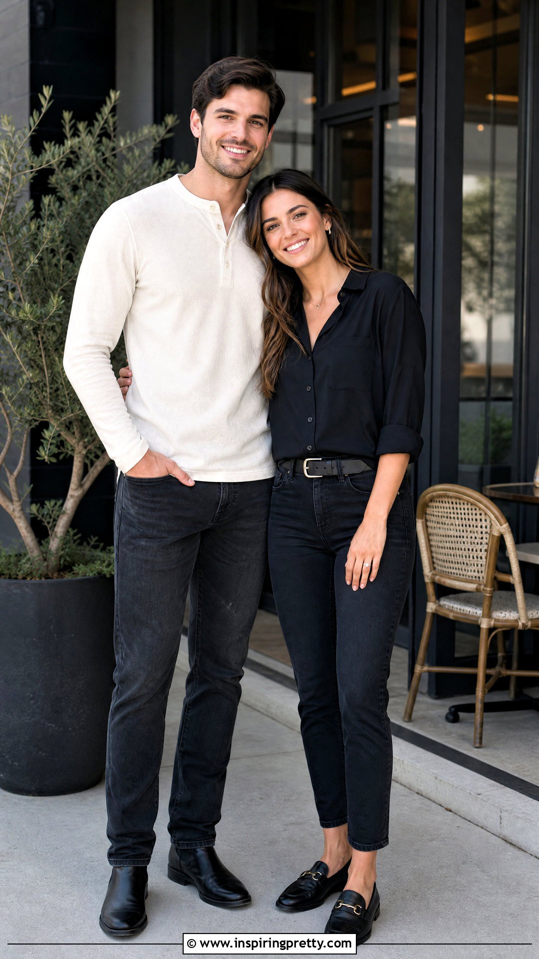 Black Button Down Shirt And Dark Jeans Engagement Outfit - 25 black top and jeans engagement photos