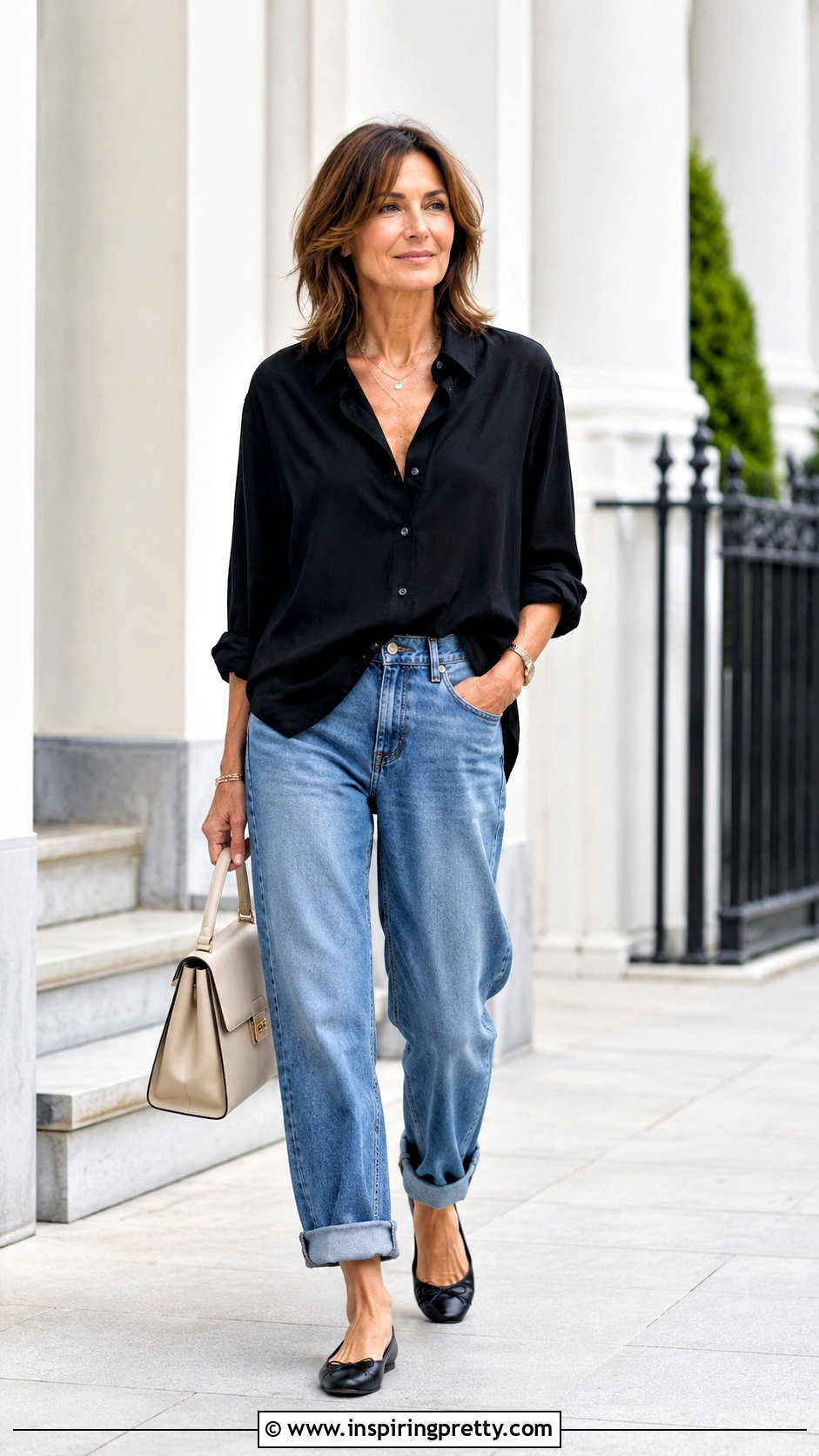 Black Button Down Shirt With Relaxed Jeans And Ballet Flats - 20 Casual Black Top With Jeans