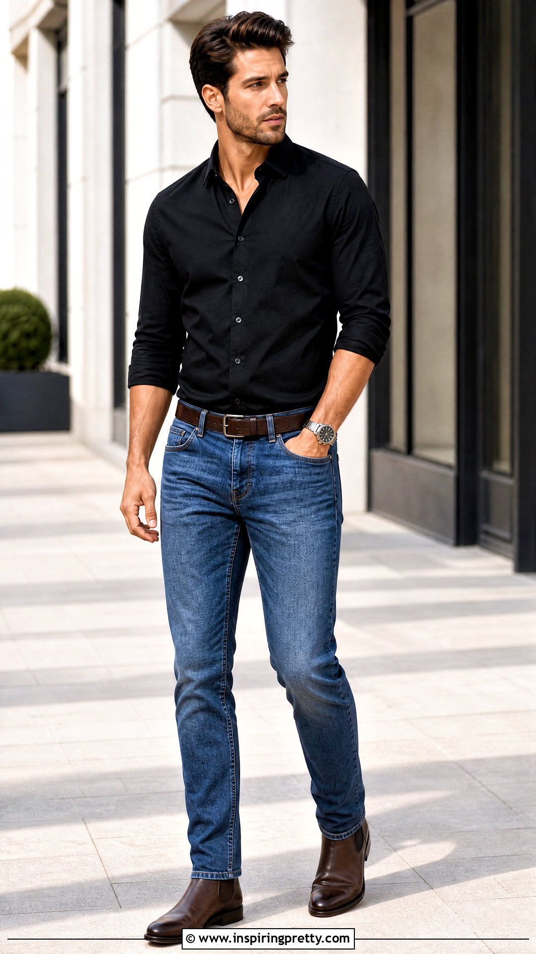 Black Button Down Shirt With Slim Blue Jeans And Boots - 25 Black Top With Jeans Men