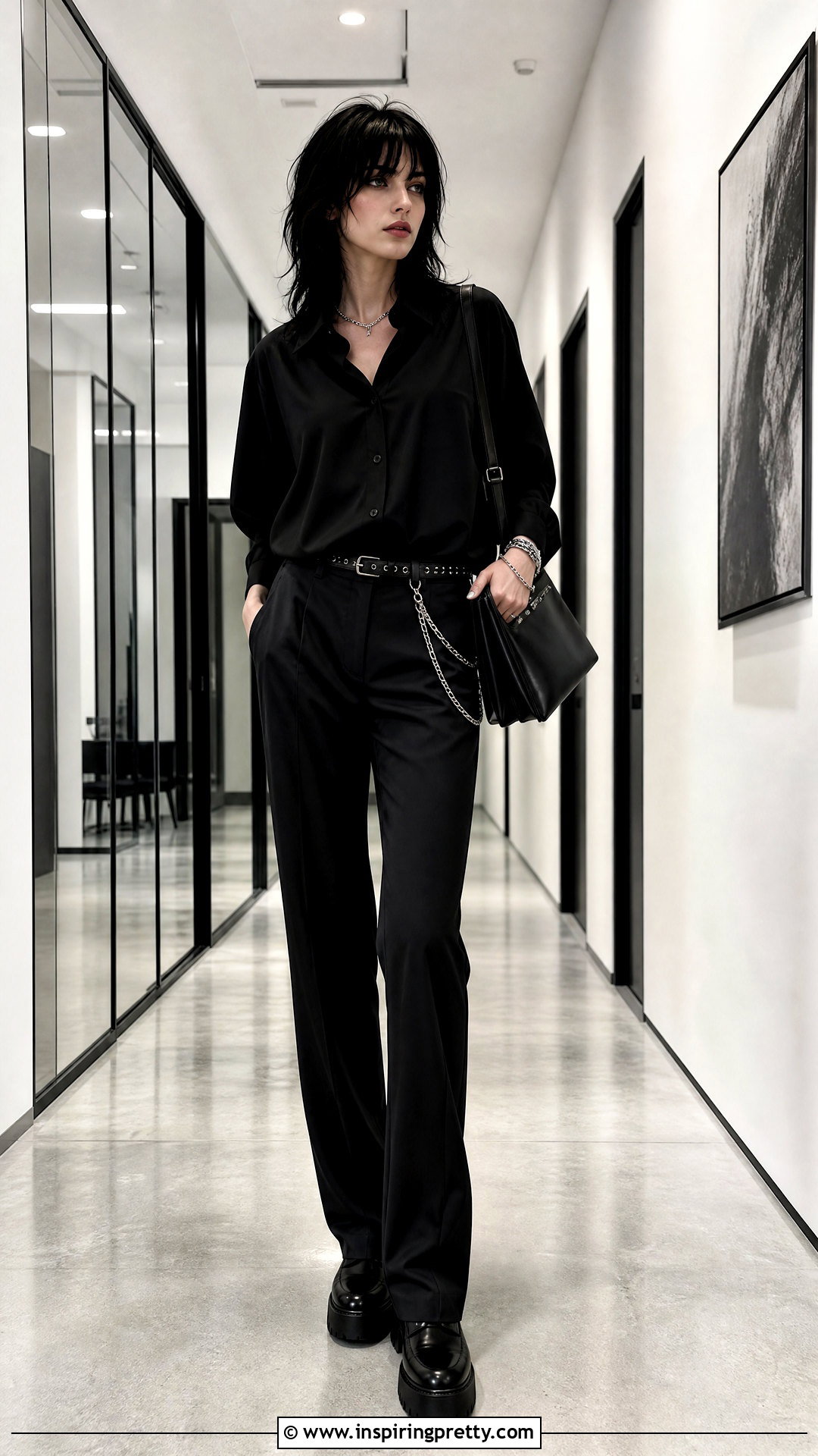 Black Button Up Shirt And Chain Trousers Emo Outfit - 50 emo top outfit ideas