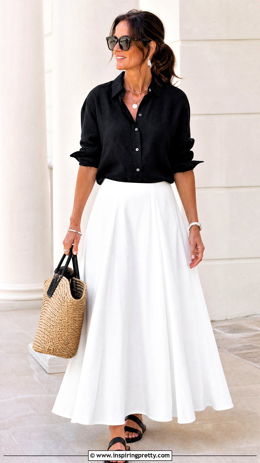 Black Button Up Summer Top With White Maxi Skirt - 20 Button-Up Summer Top outfit ideas