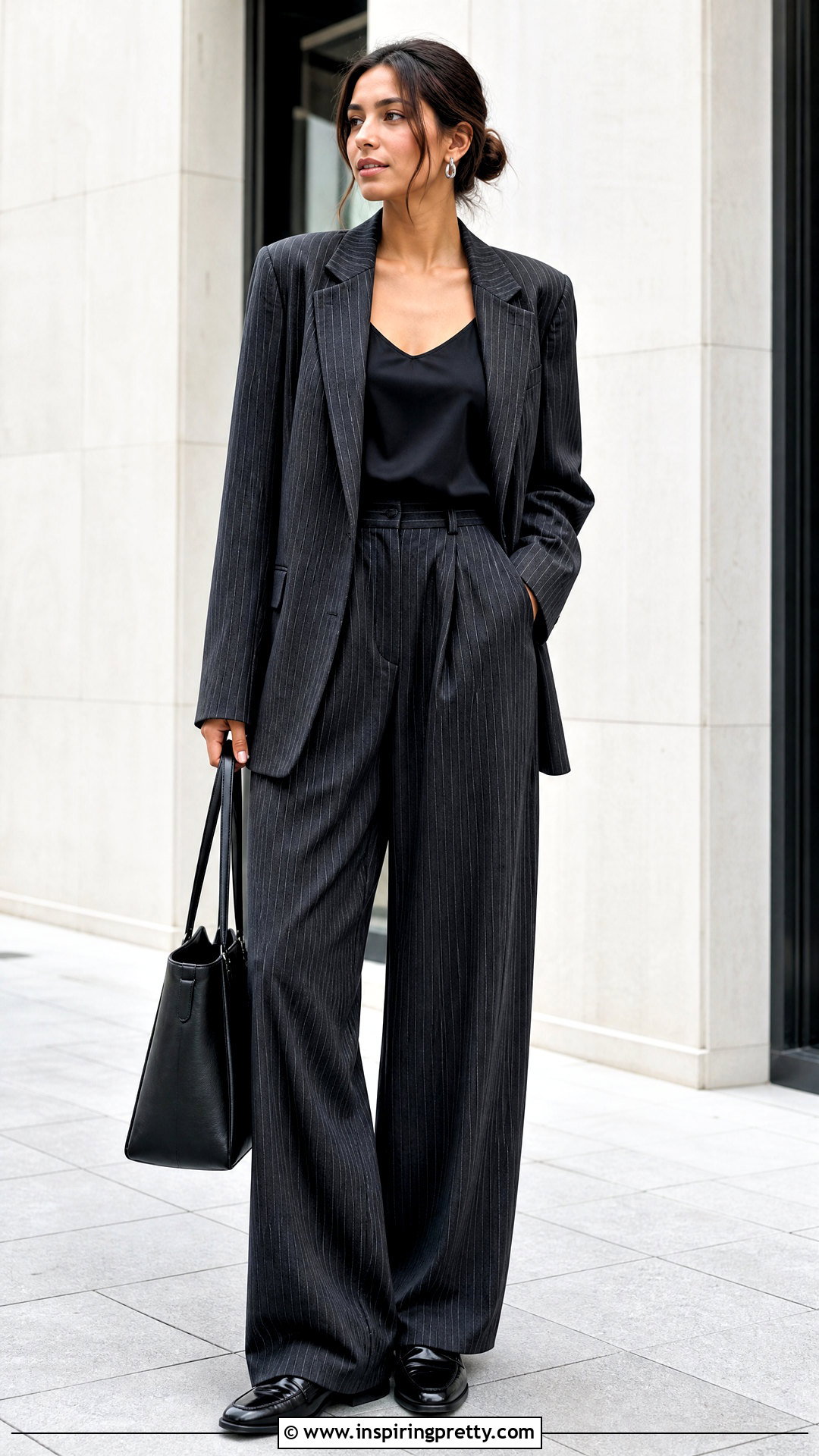 Black Cami Top With Pinstripe Suit - 50 black cami top outfit ideas