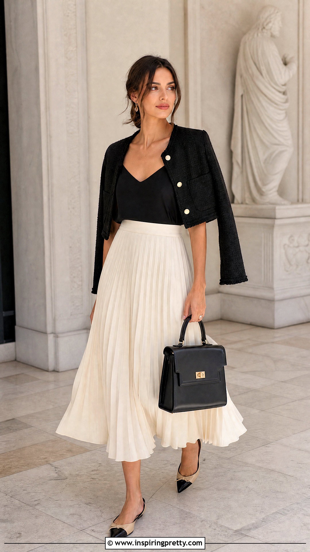 Black Cami Top With Pleated Midi Skirt - 50 black cami top outfit ideas