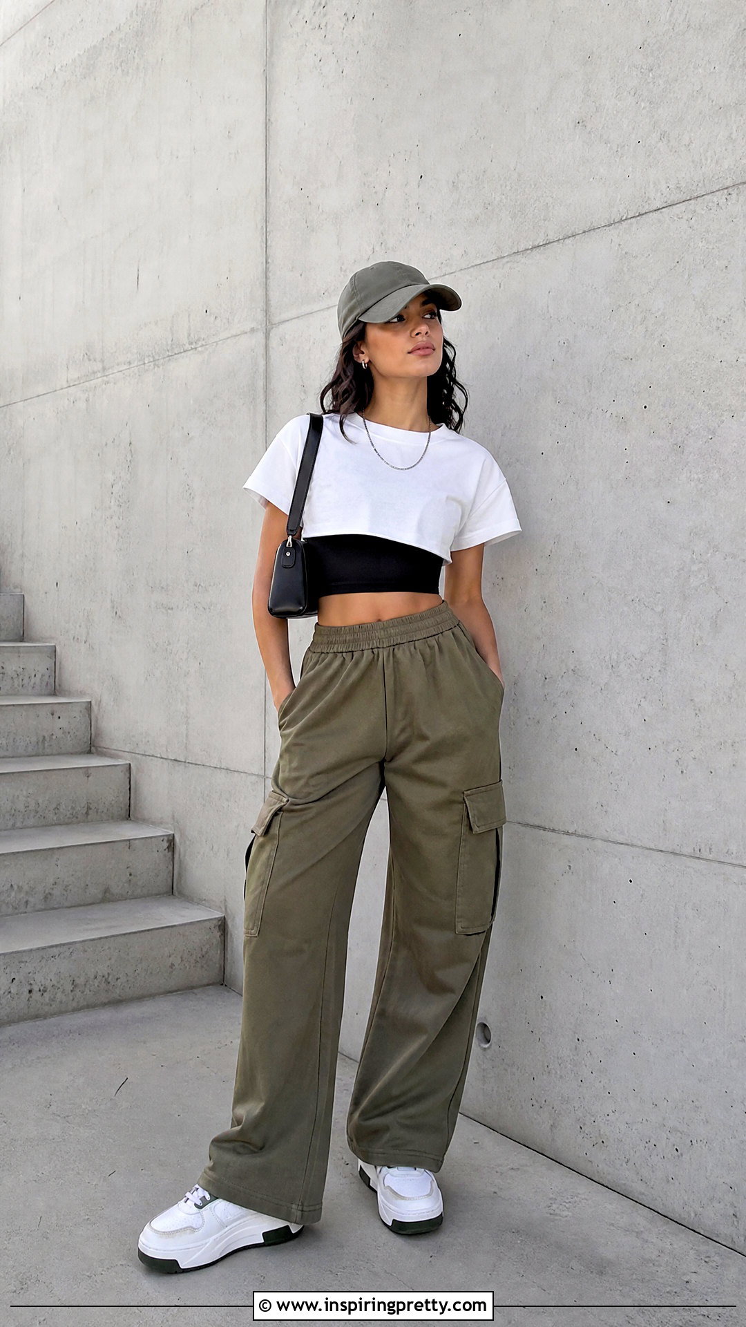 Black Cami Under White Crop Top With Cargo Pants - 25 cami under crop top outfit ideas