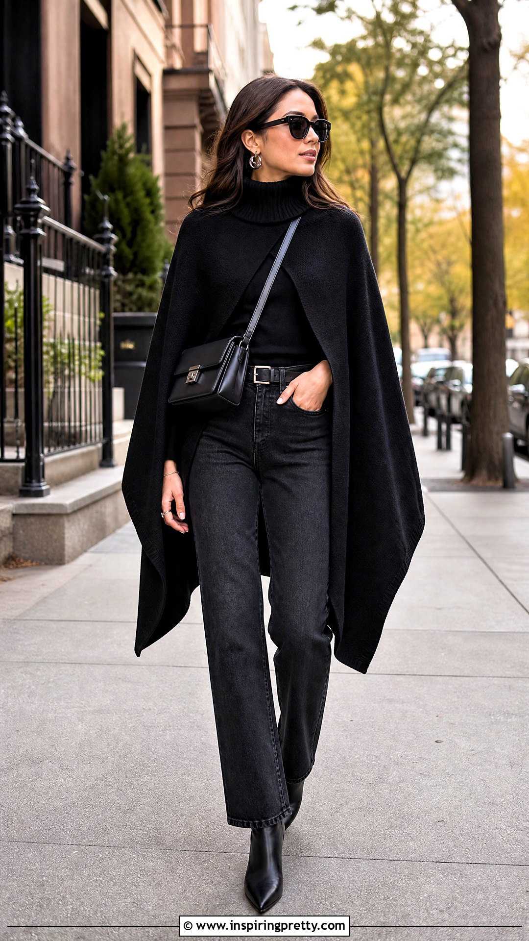 Black Cape Knit Top With Straight Leg Jeans - 25 cape knit top outfit ideas