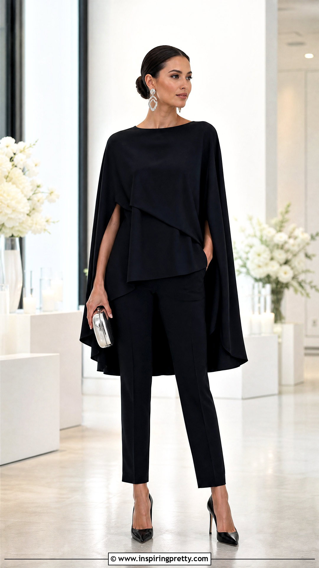Black Cape Top With Slim Trousers - 25 Black Wedding Top outfit ideas
