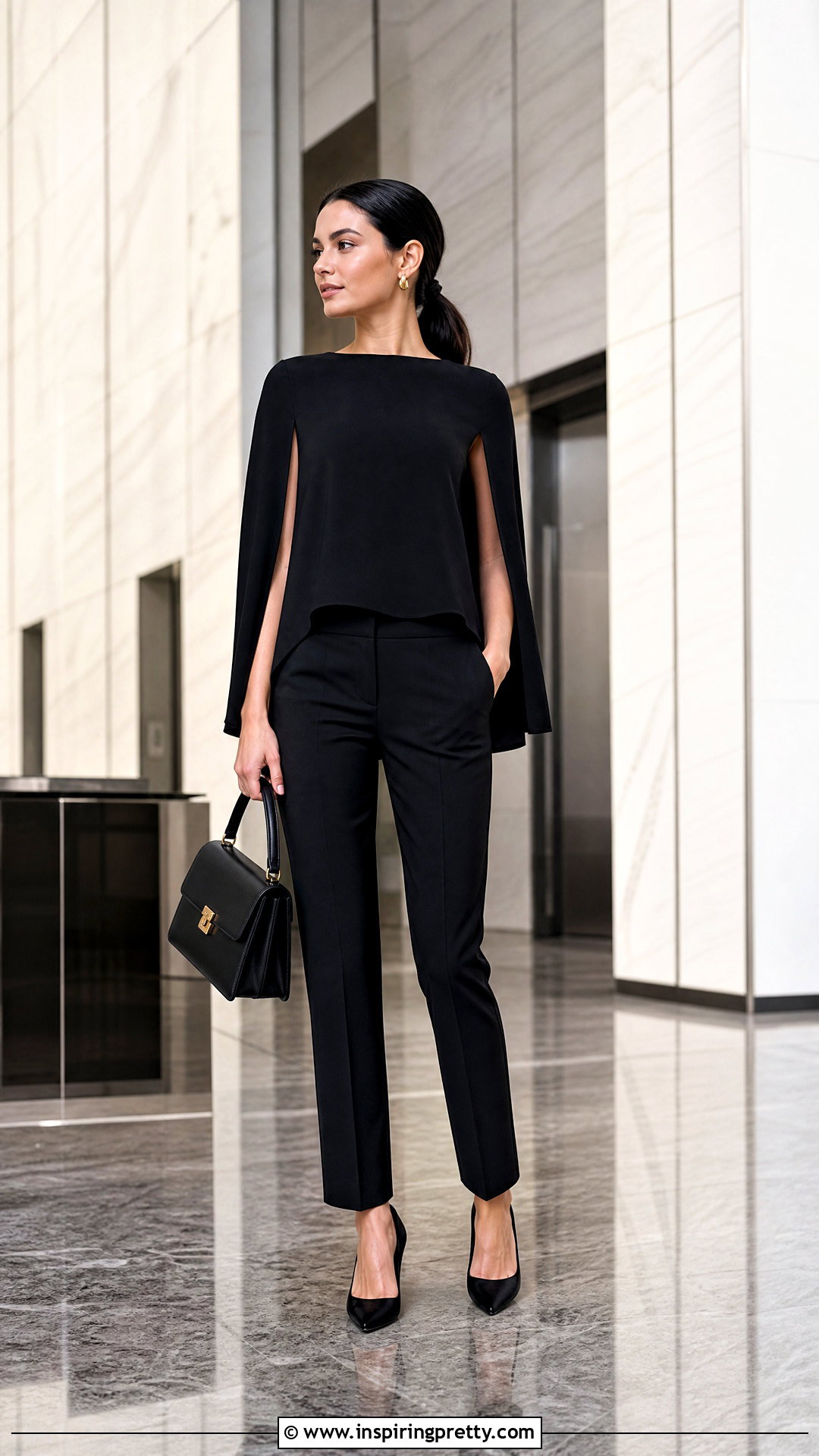 Black Cape Top With Tailored Trousers - 50 Cape Top outfit ideas