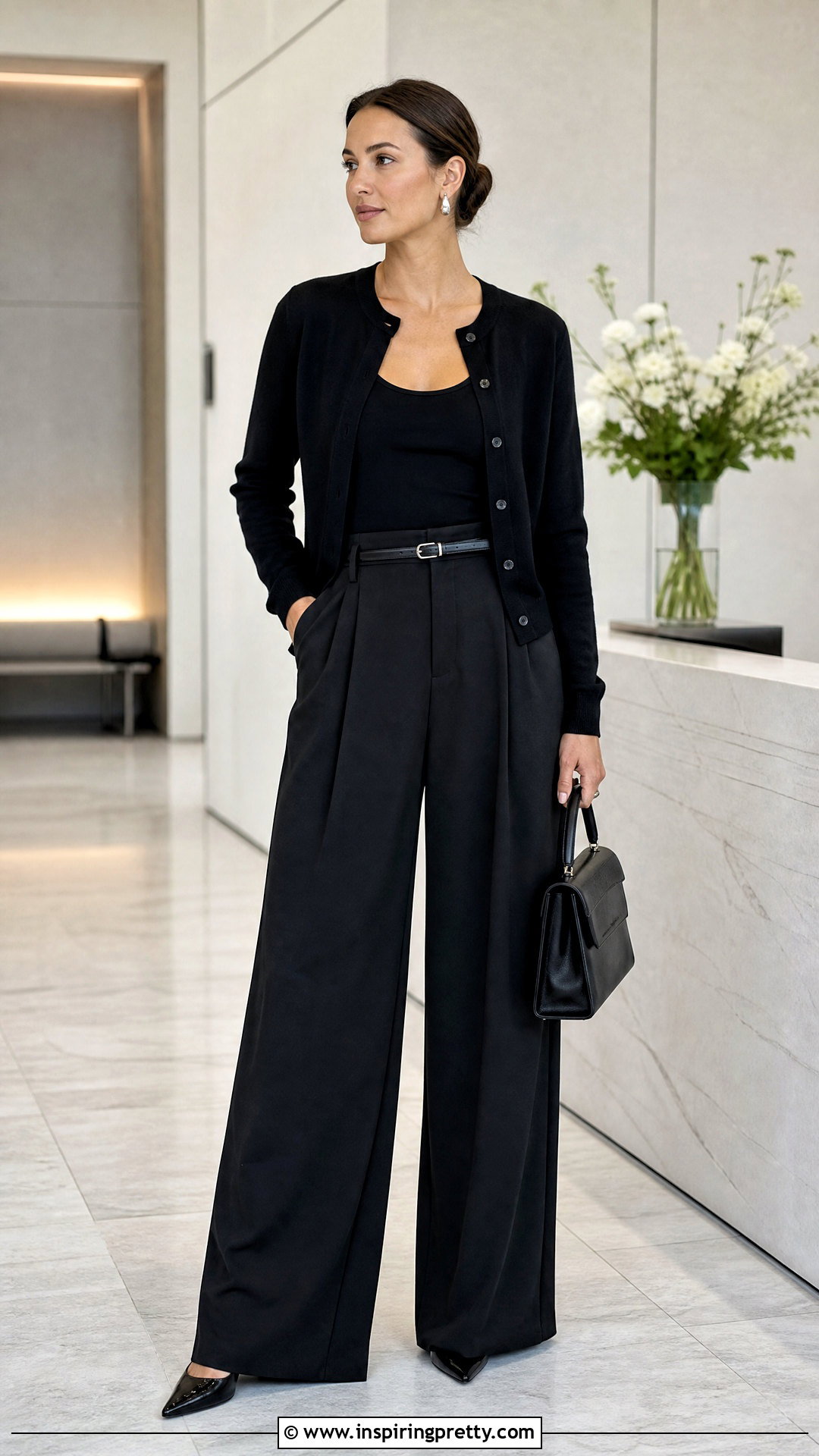 Black Cardigan And Top Set With Wide Leg Pants - 20 Matching Cardigan And Top Set outfits