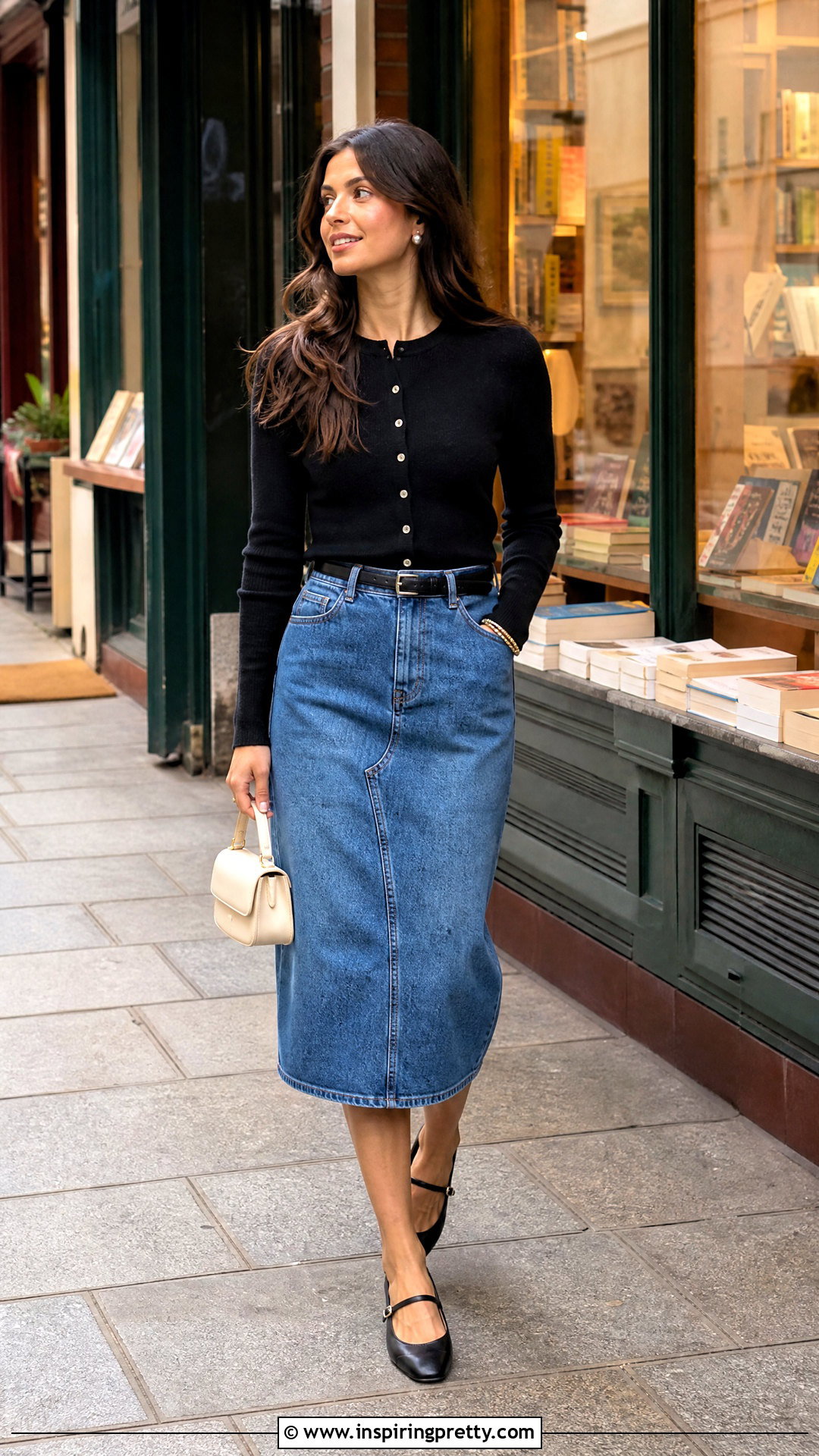 Black Cardigan Top With Denim Midi Skirt And Mary Jane Flats - 20 Black Top With Denim Skirt And Accessories