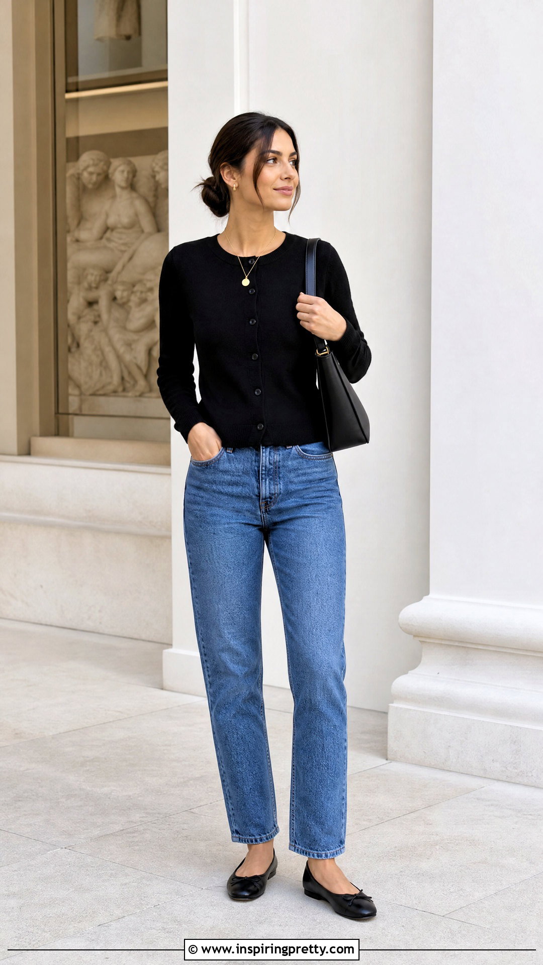 Black Cardigan Top With Straight Blue Jeans - 50 blue jeans black top outfit ideas
