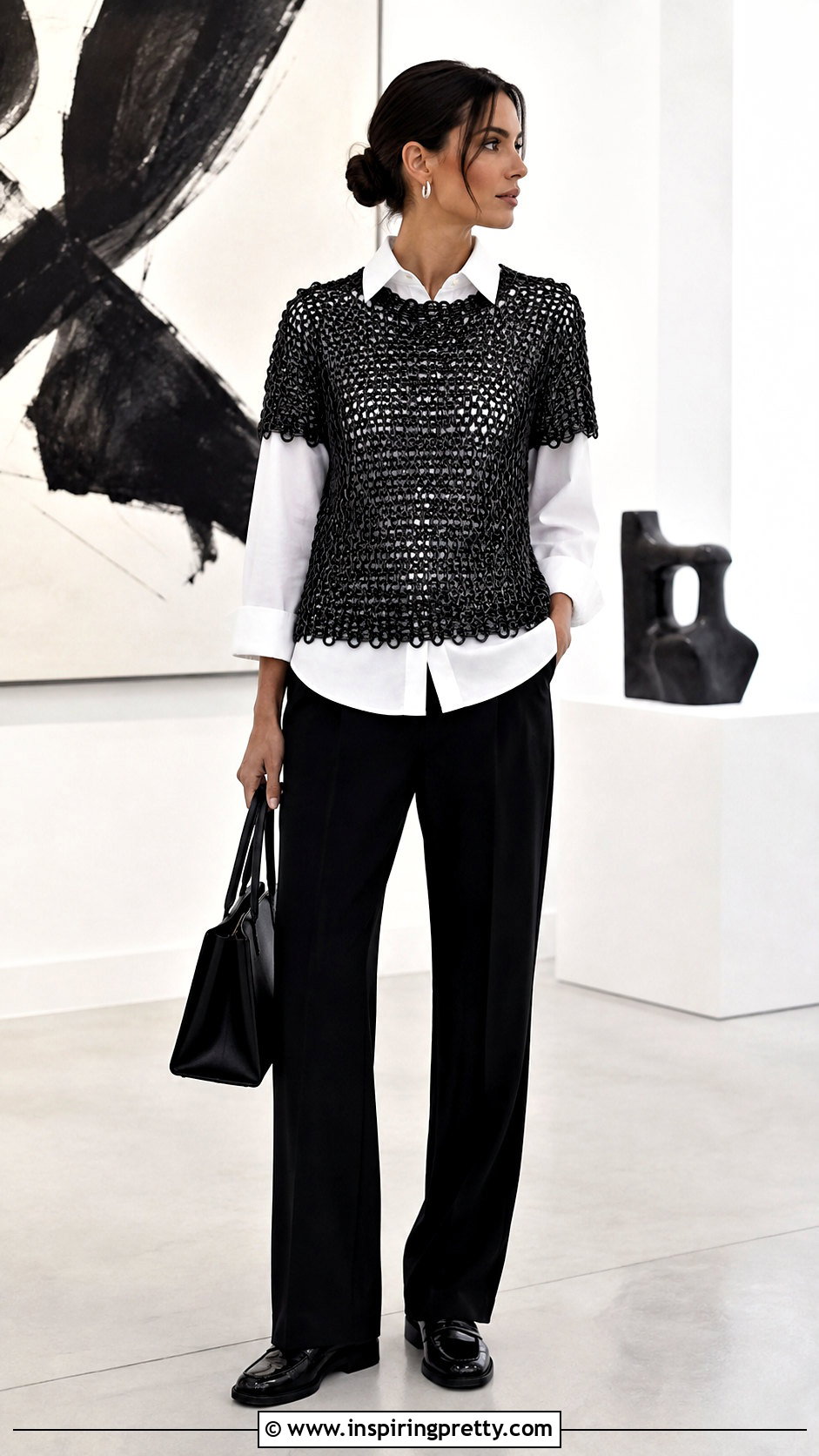 Black Chainmail Top Over a White Button Down Shirt - 25 Black Chainmail Top outfit ideas