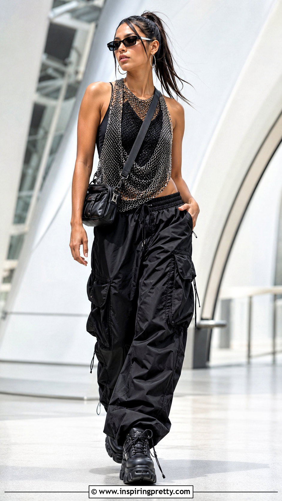 Black Chainmail Top With Parachute Pants - 25 Black Chainmail Top outfit ideas
