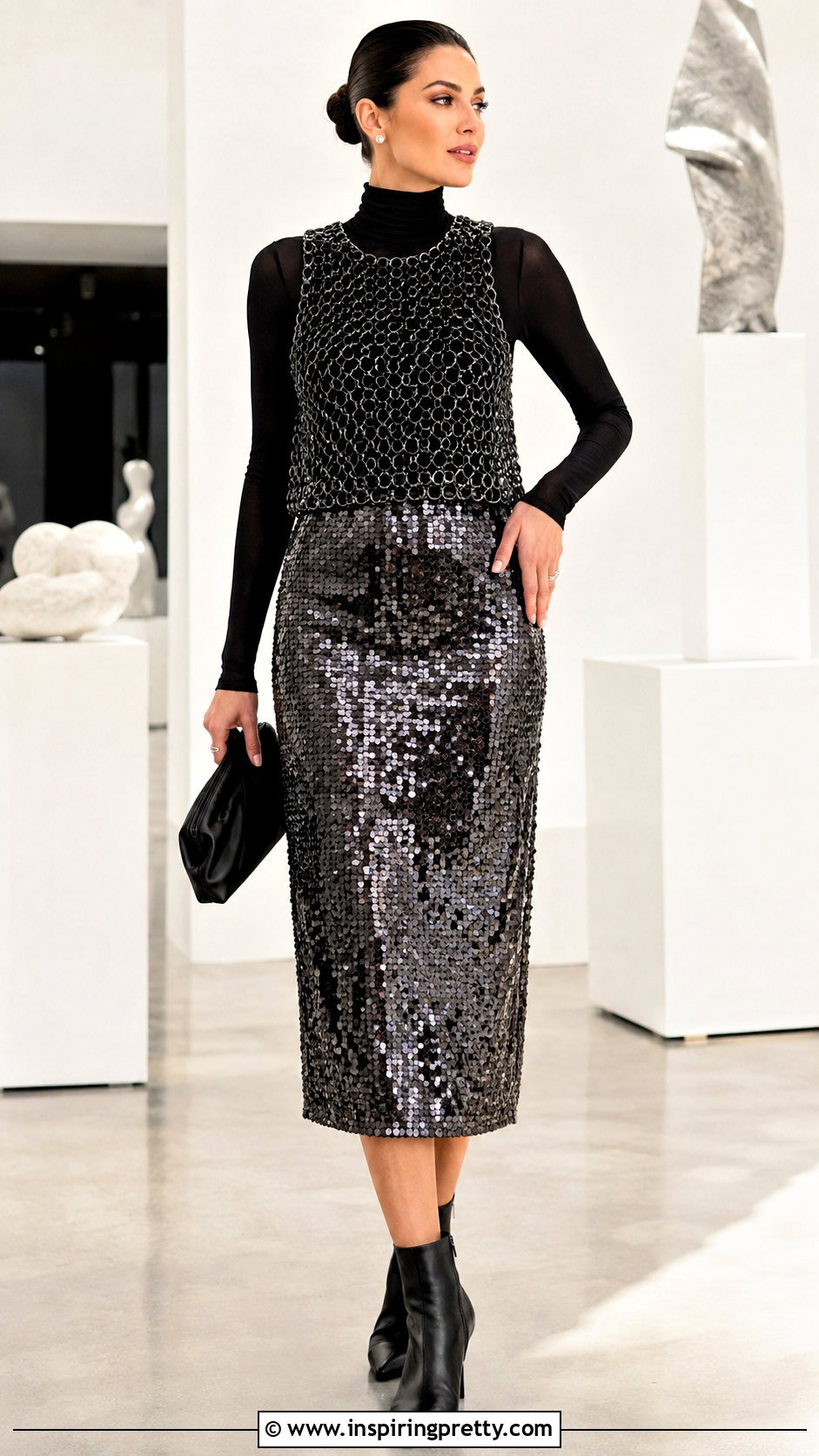 Black Chainmail Top With a Sequin Midi Skirt - 25 Black Chainmail Top outfit ideas