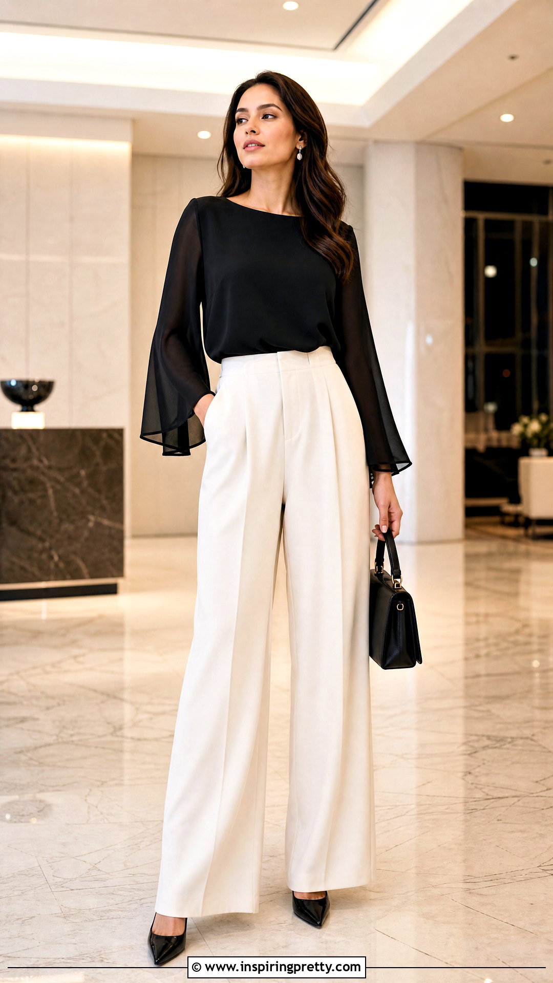 Black Chiffon Bell Sleeve Top With Wide Leg Pants - 25 Chiffon Bell Sleeve Top outfit ideas
