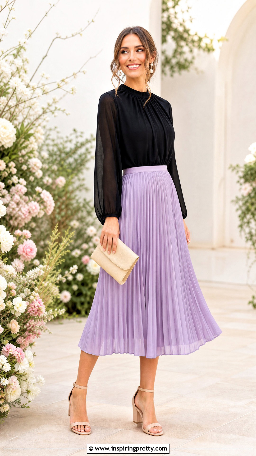 Black Chiffon Top With Pleated Midi Skirt - 25 Black Wedding Top outfit ideas