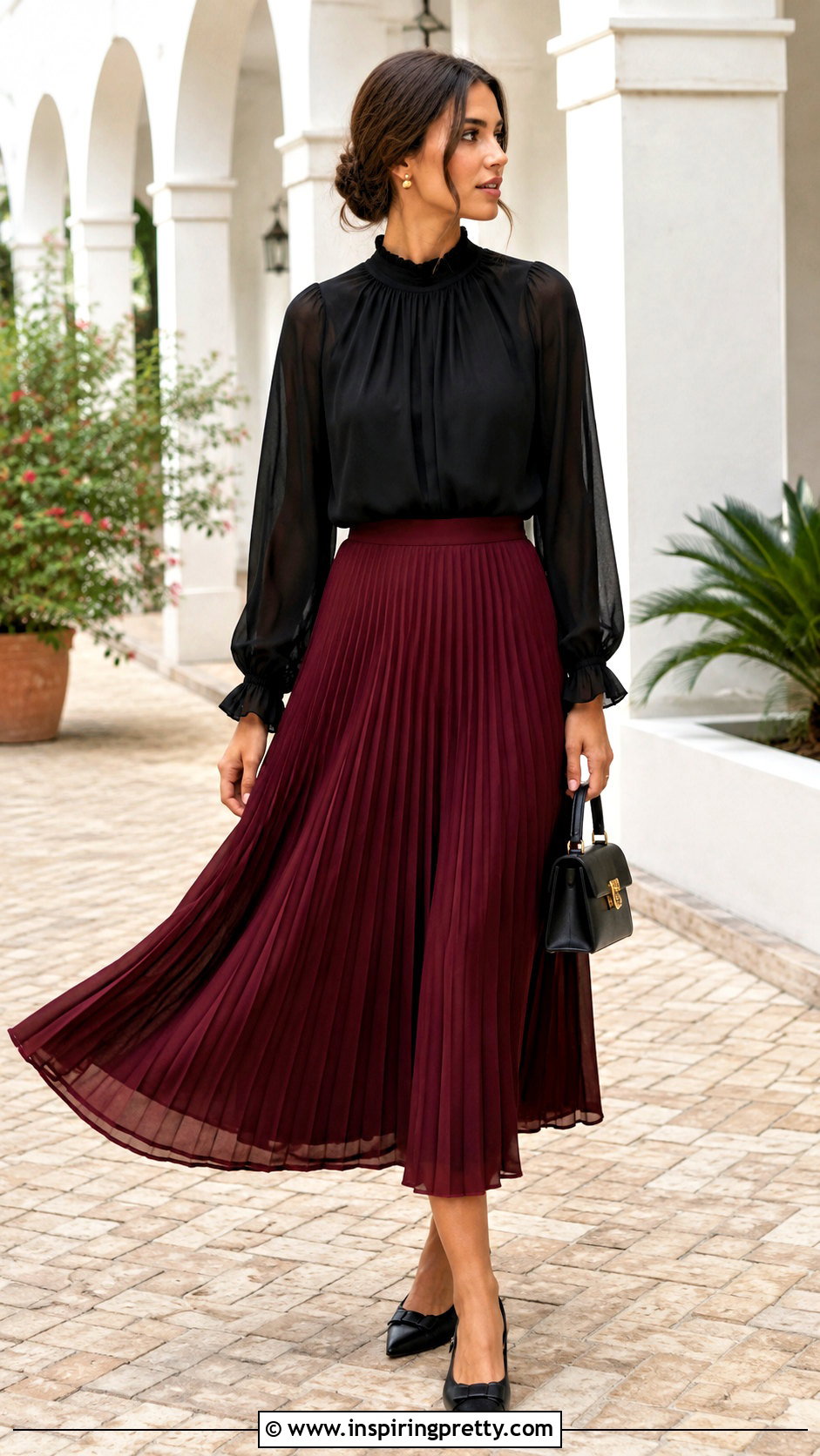 Black Chiffon Top With Pleated Midi Skirt - 20 Black Chiffon Top Outfit Ideas