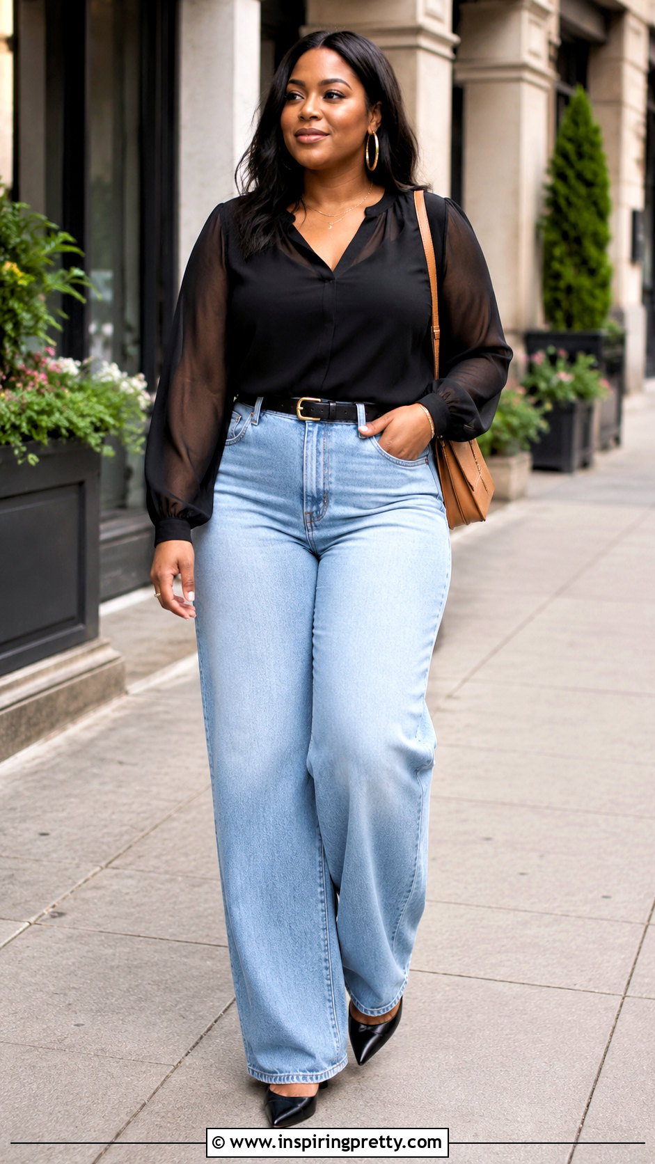 Black Chiffon Top With Wide Leg Jeans - 20 Black Chiffon Top Outfit Ideas