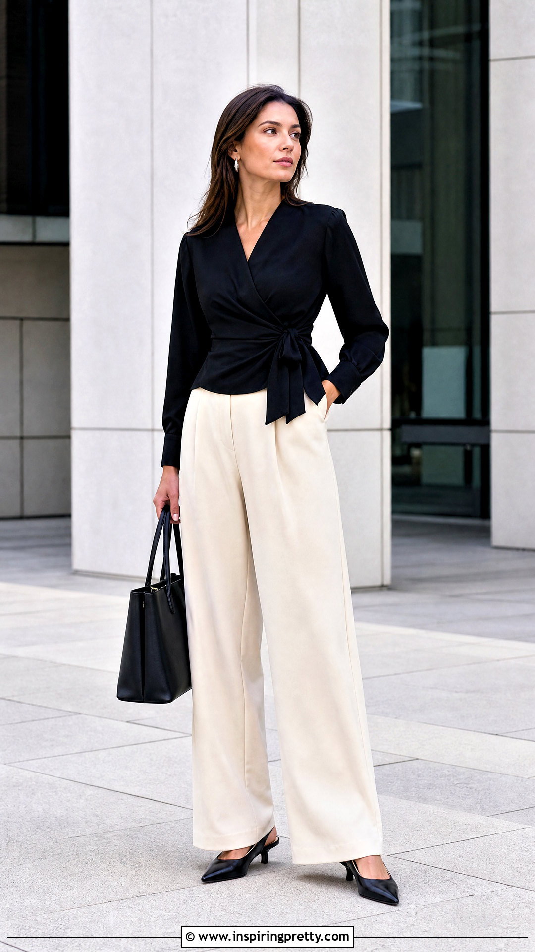 Black Cinched Waist Top With Wide Leg Trousers - 50 cinched waist top outfit ideas