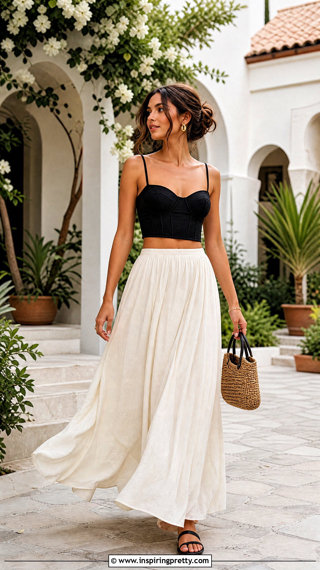Black Corset Crop Top With A Line Maxi Skirt - 20 black corset crop top outfit ideas