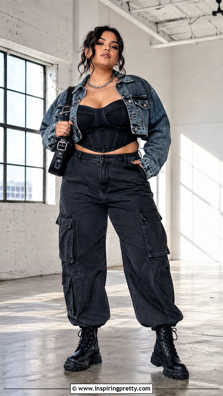 Black Corset Crop Top With Cargo Pants - 25 black emo crop top outfit ideas