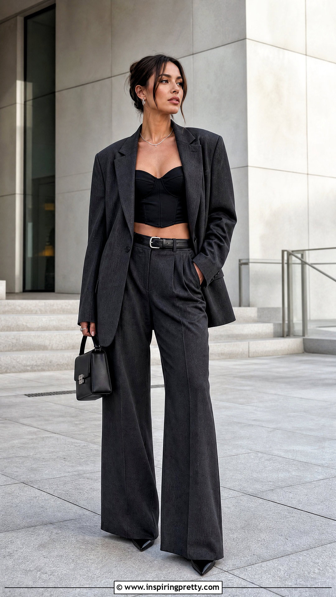 Black Corset Crop Top With Matching Blazer And Pants - 20 black corset crop top outfit ideas