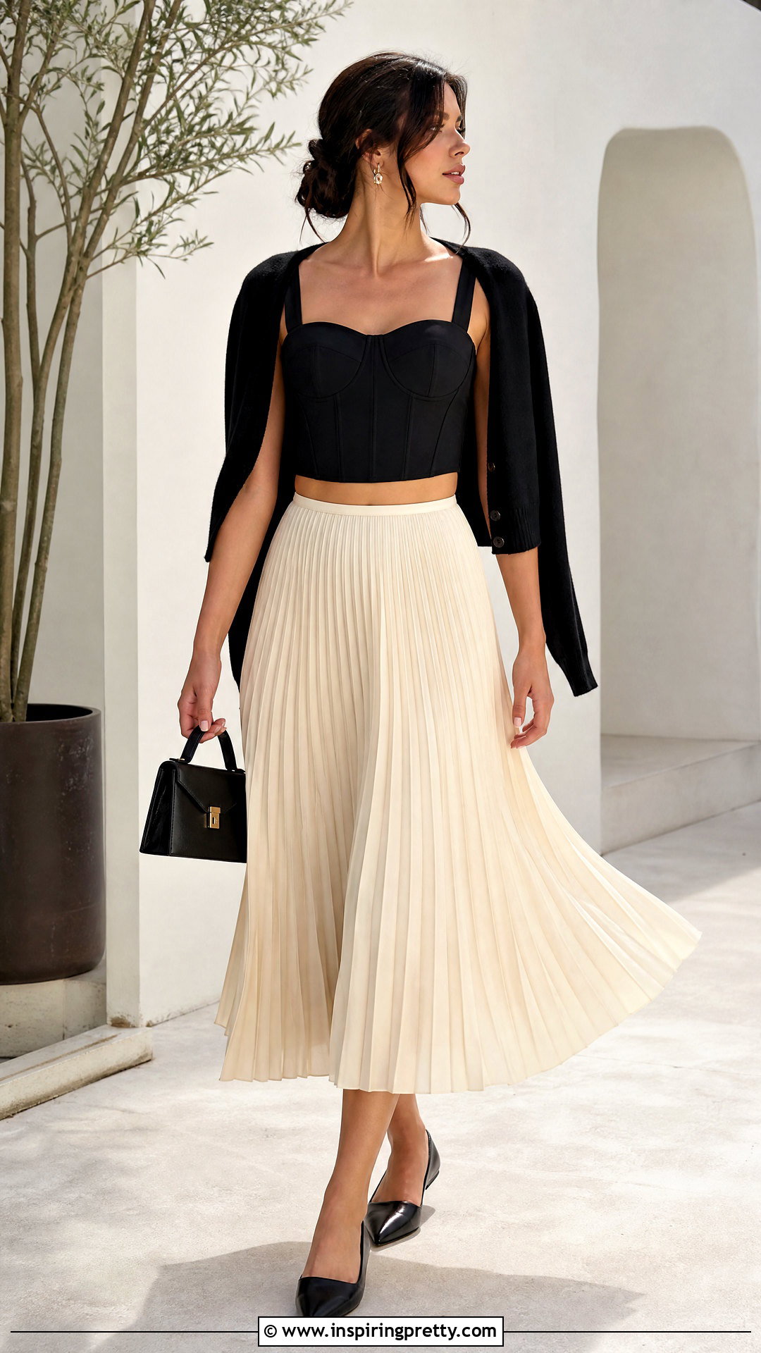 Black Corset Crop Top With Pleated Midi Skirt - 20 black corset crop top outfit ideas