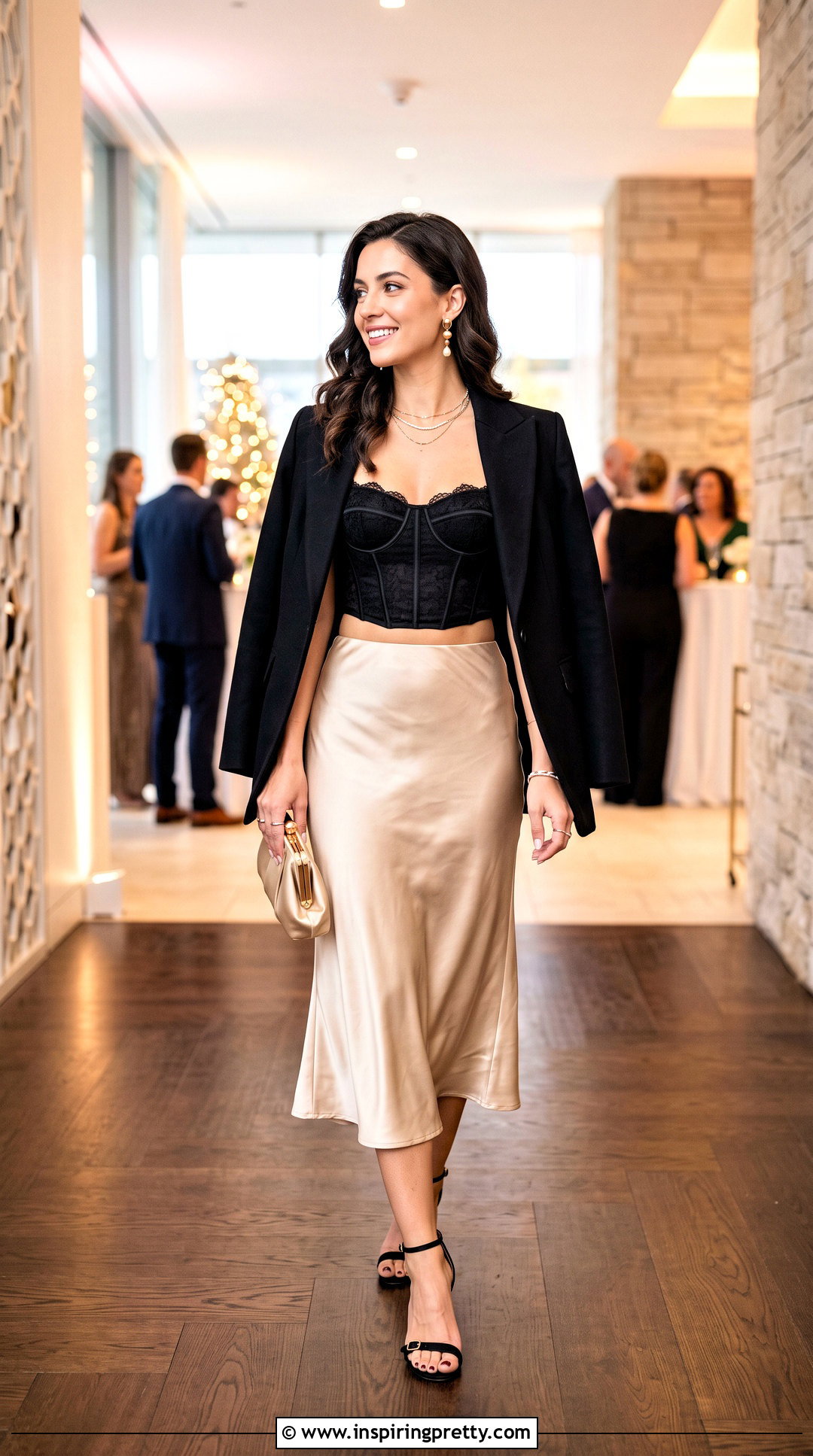 Black Corset Crop Top With Satin Midi Skirt - 20 black corset crop top outfit ideas