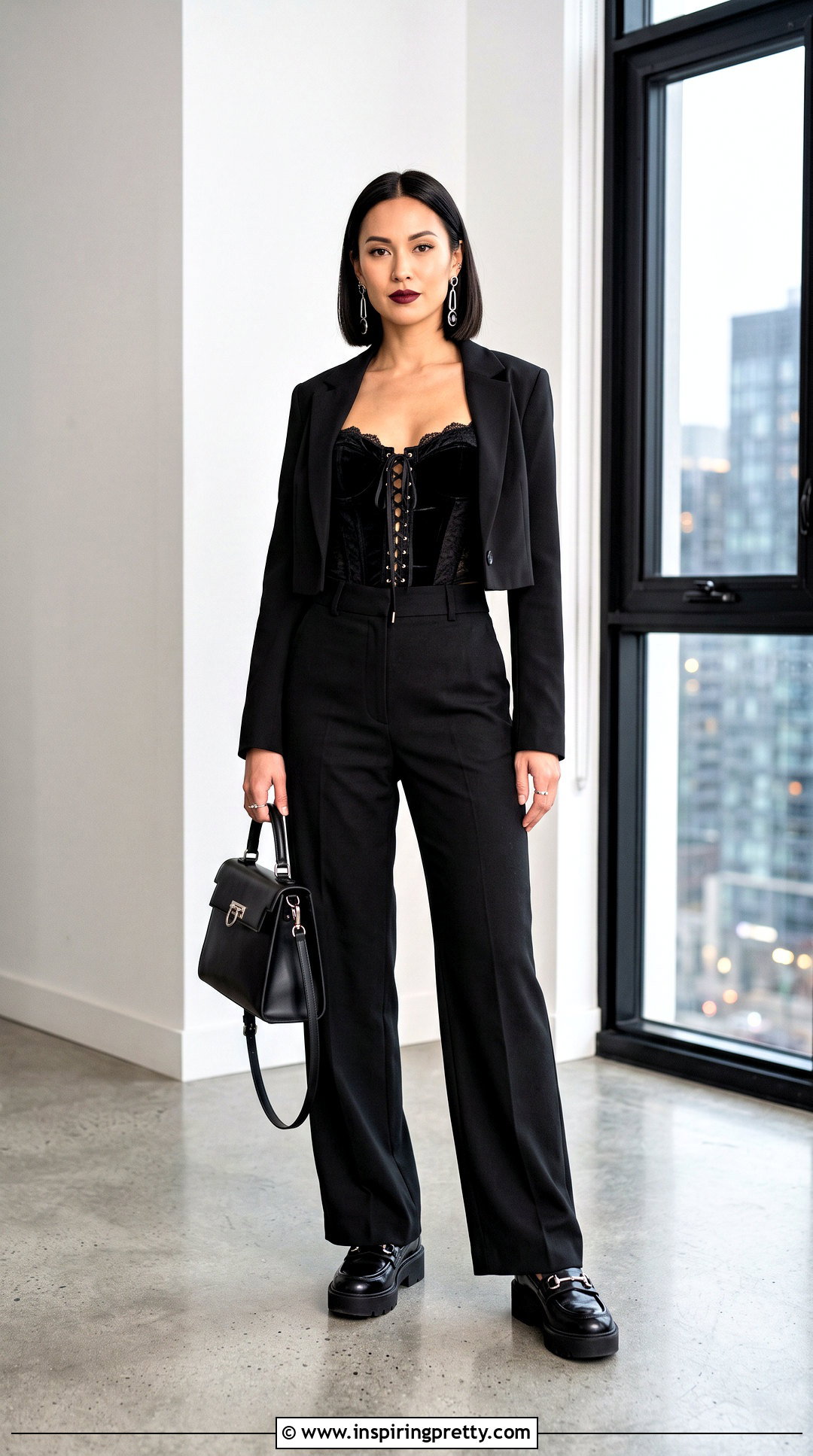 Black Corset Goth Top With Wide Leg Pants - 50 goth tops outfit ideas