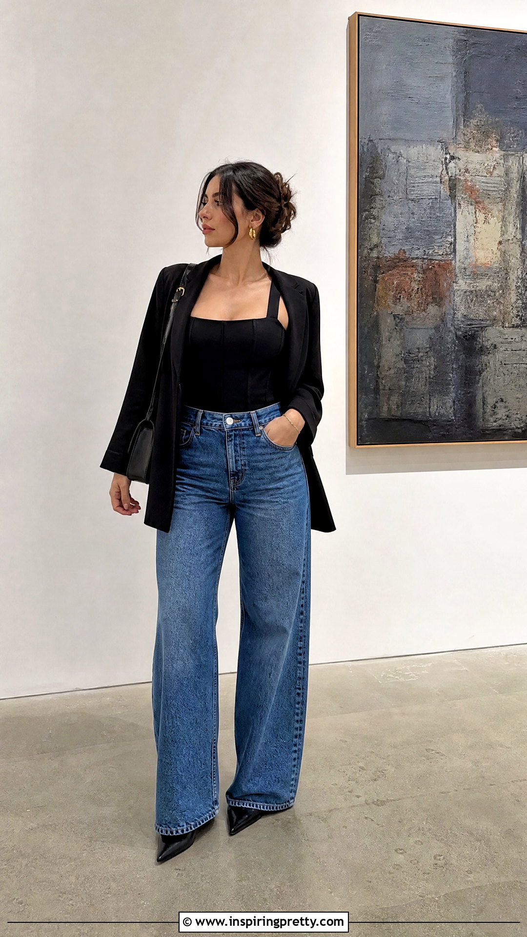 Black Corset Seam Top With Baggy Jeans And Pointed Flats - 50 black top and blue jeans outfit ideas