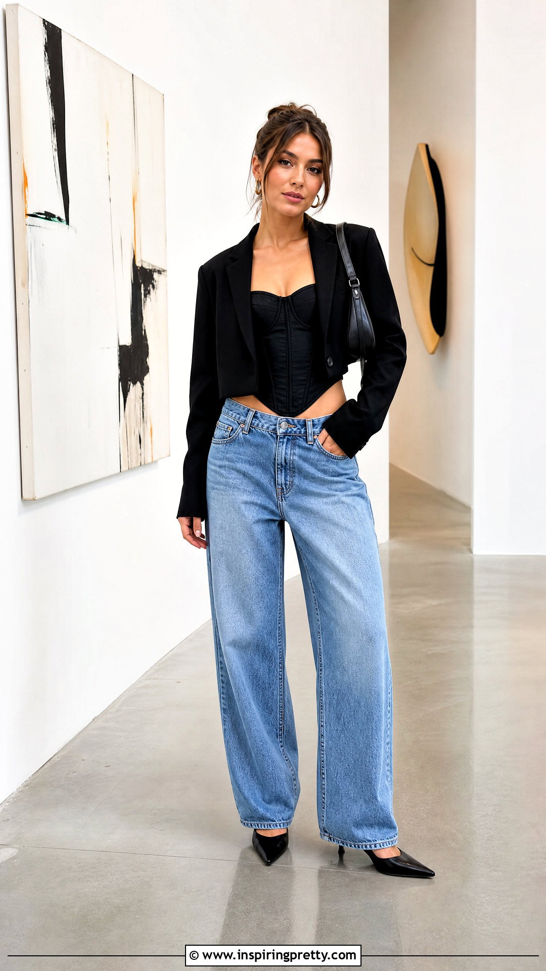 Black Corset Style Top And Baggy Jeans Outfit - 50 black top and jeans outfit ideas