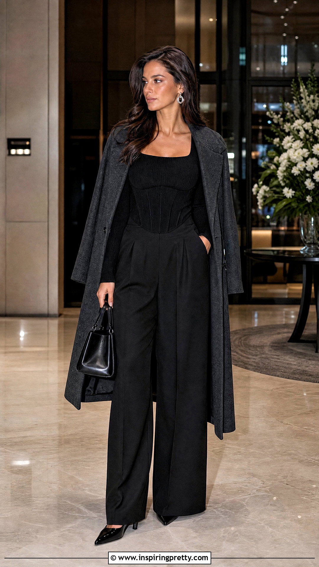Black Corset Sweater Top With Wide Leg Trousers - 25 corset sweater top outfit ideas