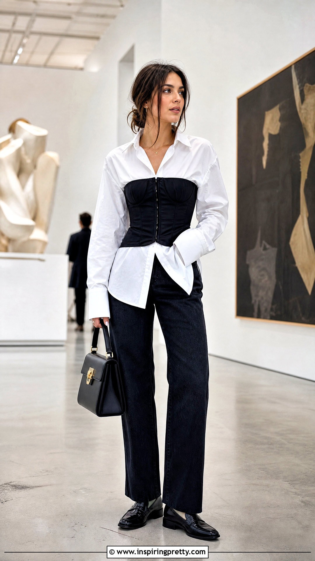 Black Corset Top Over White Button Down Shirt - 25 cute black corset top outfit ideas