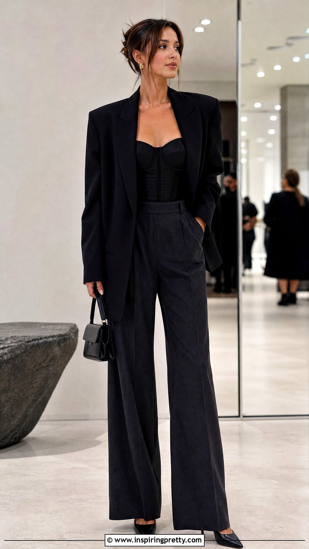 Black Corset Top With Blazer And Trousers - 50 black top outfit ideas