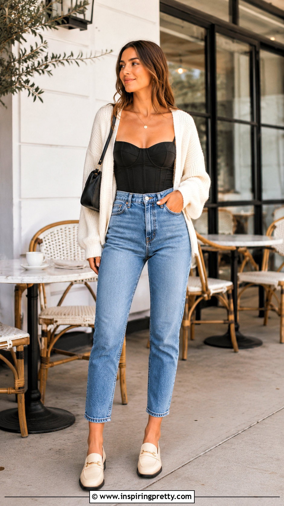 Black Corset Top With Cardigan And Mom Jeans - 50 black corset top outfit ideas