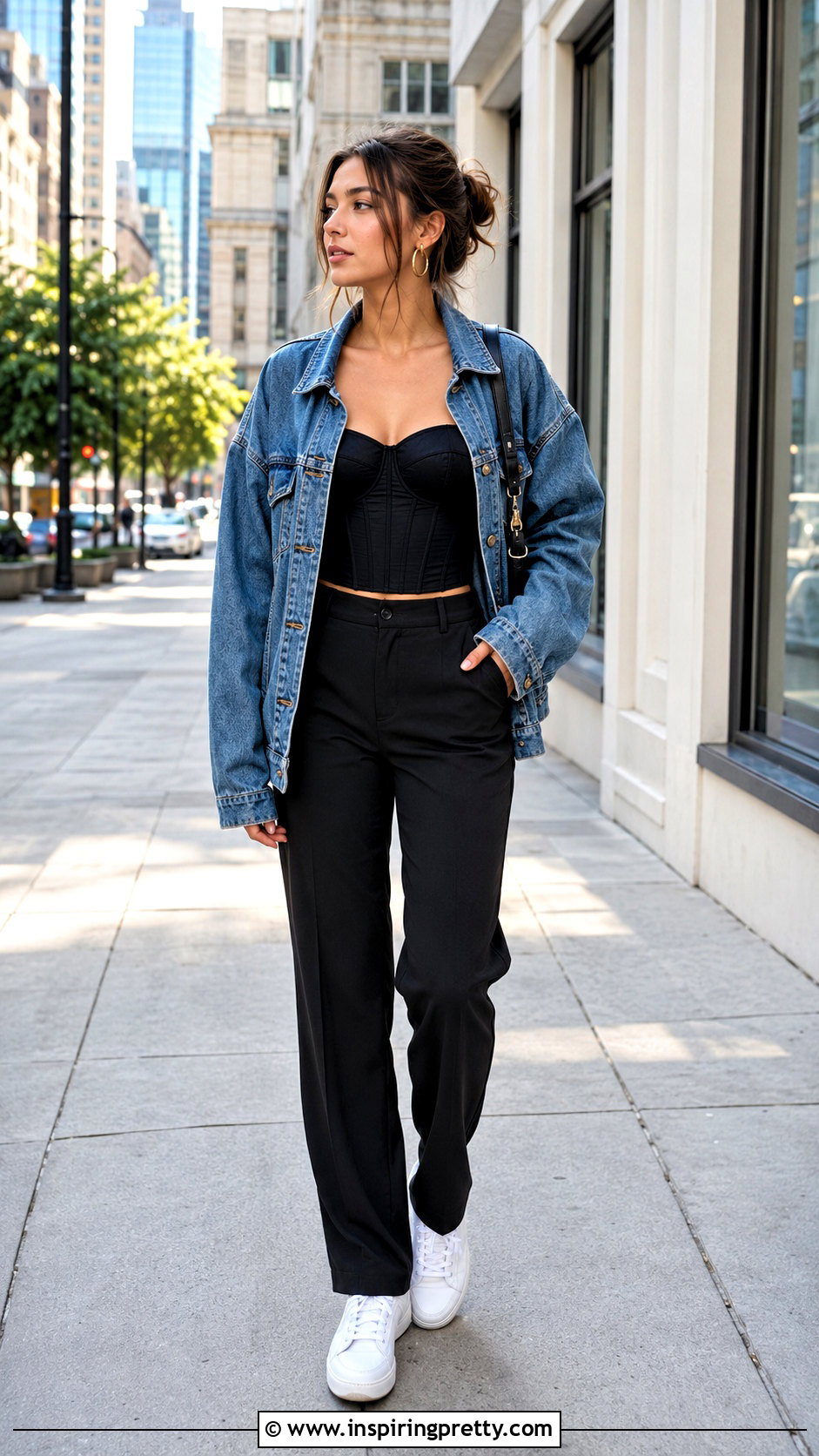 Black Corset Top With Denim Jacket And Black Pants - 50 black corset top outfit ideas