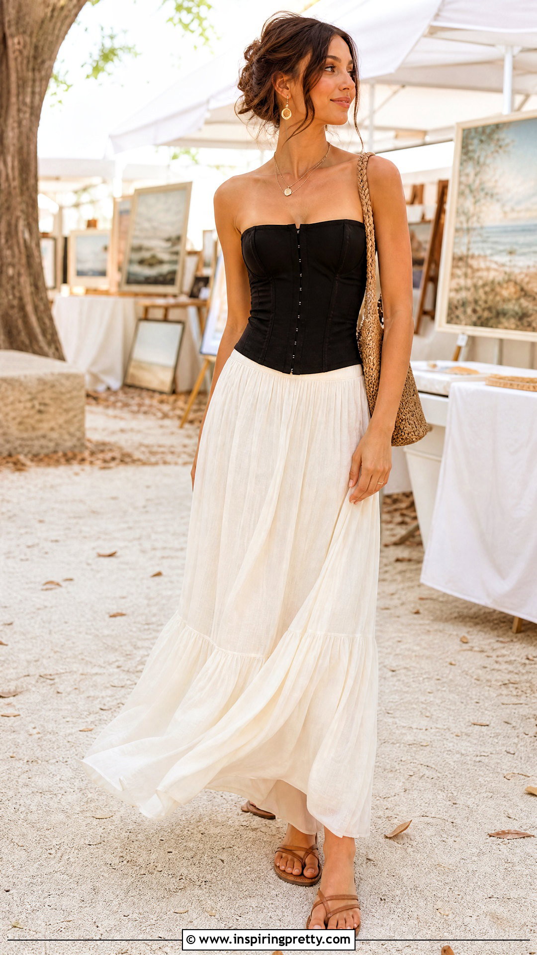 Black Corset Top With Flowy Maxi Skirt - 25 cute black corset top outfit ideas