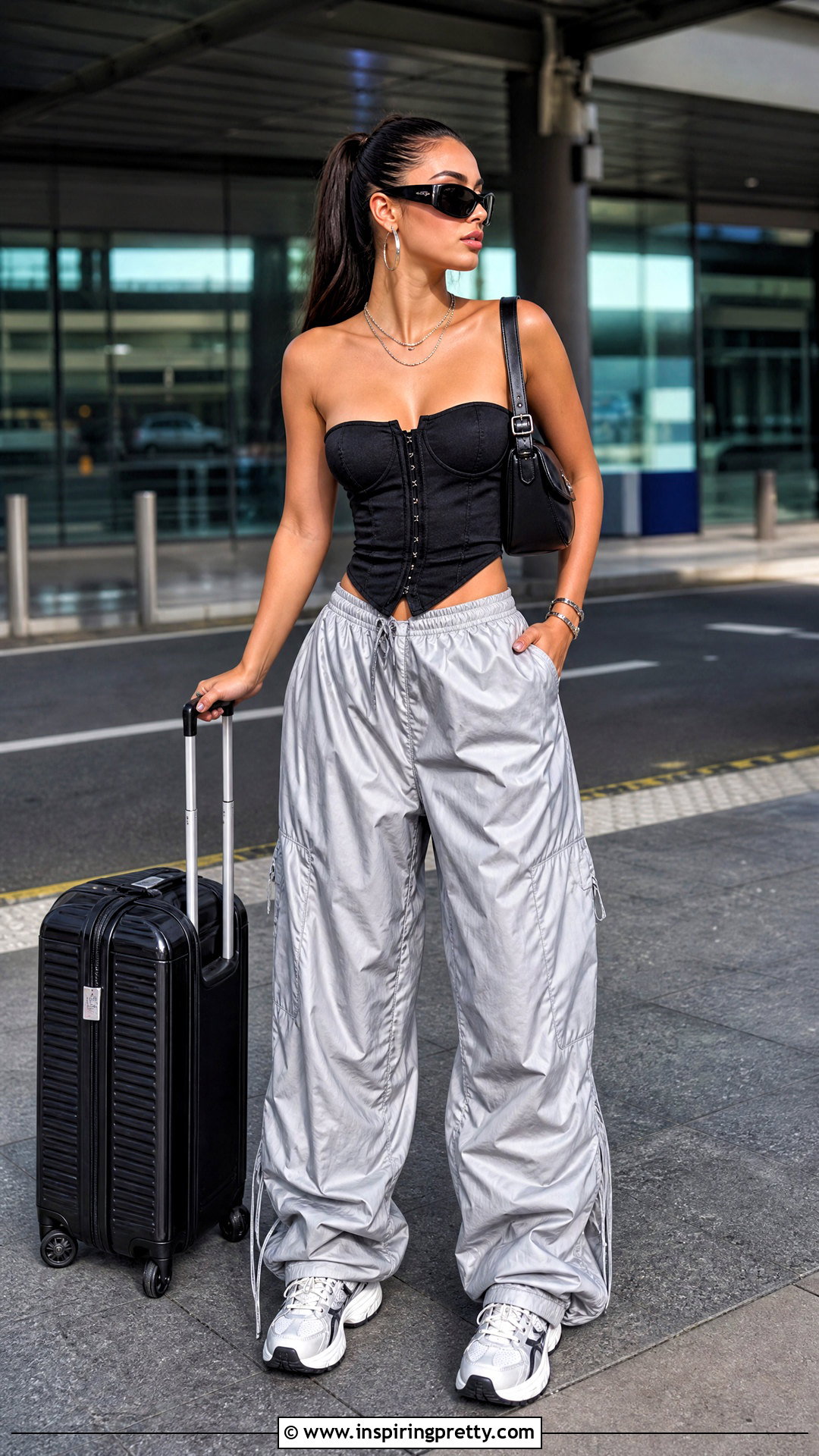Black Corset Top With Parachute Pants And Sneakers - 25 cute black corset top outfit ideas