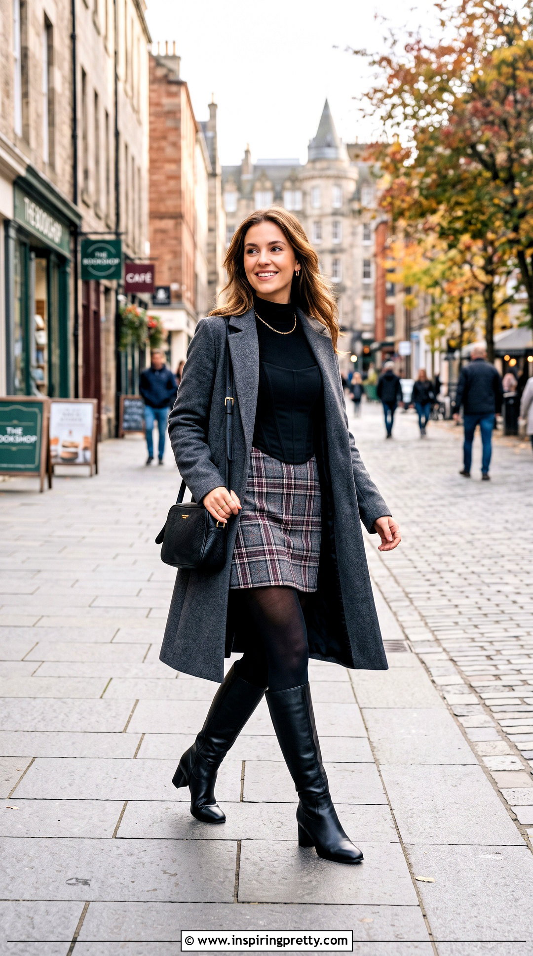 Black Corset Top With Plaid Mini Skirt And Knee Boots - 25 cute black corset top outfit ideas