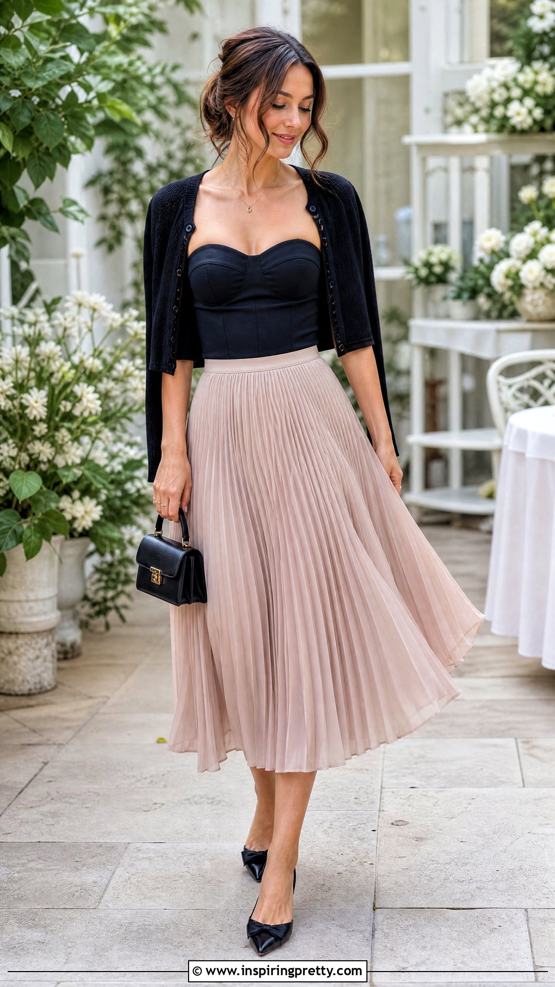 Black Corset Top With Pleated Midi Skirt - 25 cute black corset top outfit ideas