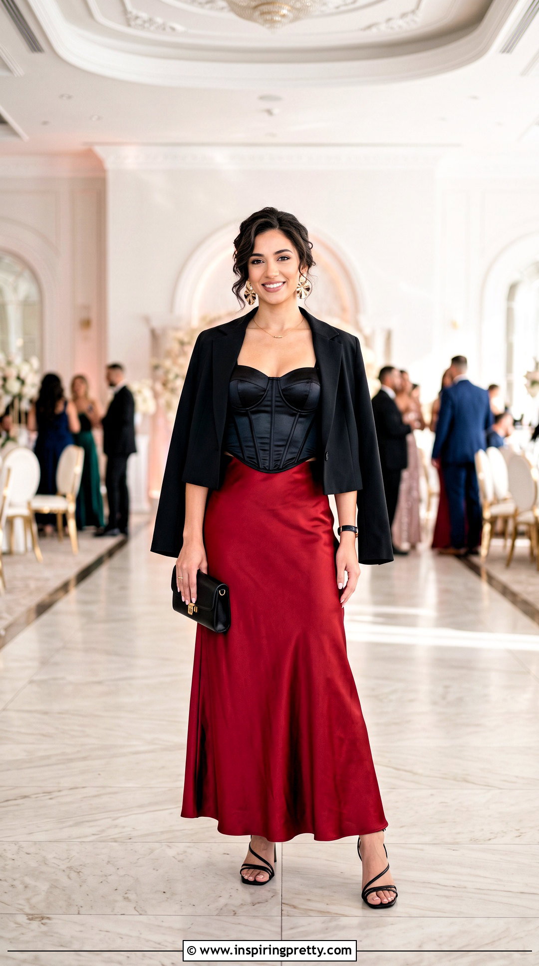 Black Corset Top With Red Maxi Skirt - 25 cute black corset top outfit ideas