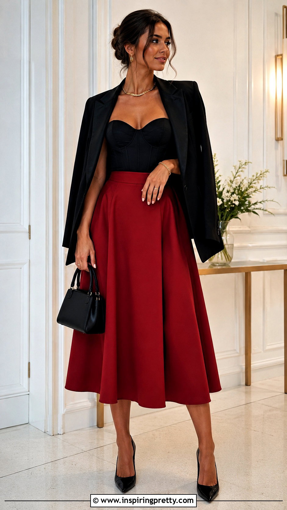 Black Corset Top With Red Midi Skirt - 50 black corset top outfit ideas