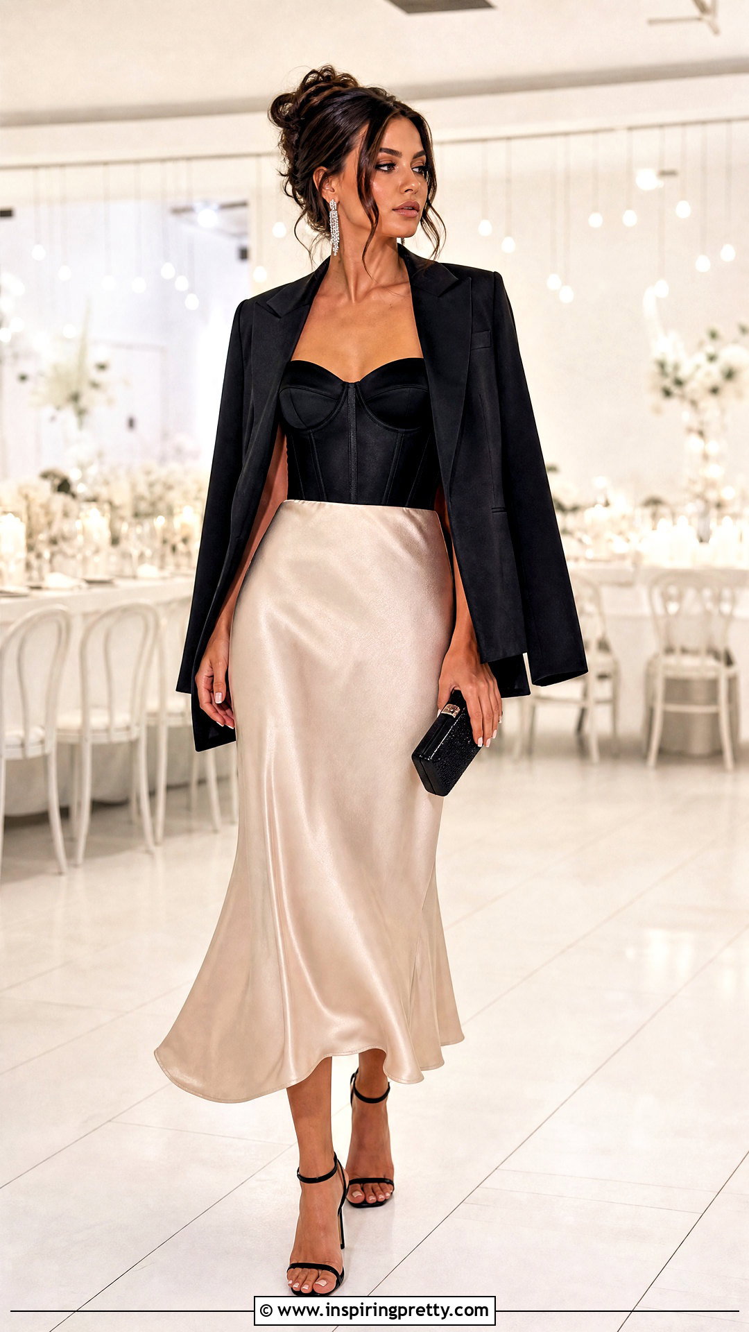 Black Corset Top With Satin Midi Skirt - 25 cute black corset top outfit ideas