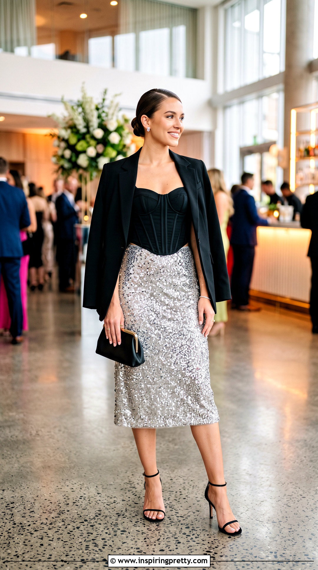 Black Corset Top With Sequin Midi Skirt - 25 cute black corset top outfit ideas