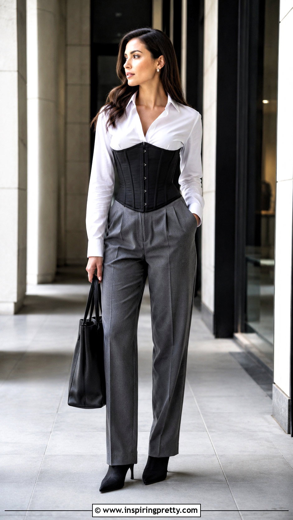 Black Corset Top With White Button Down And Trousers - 50 corset top dress outfit ideas