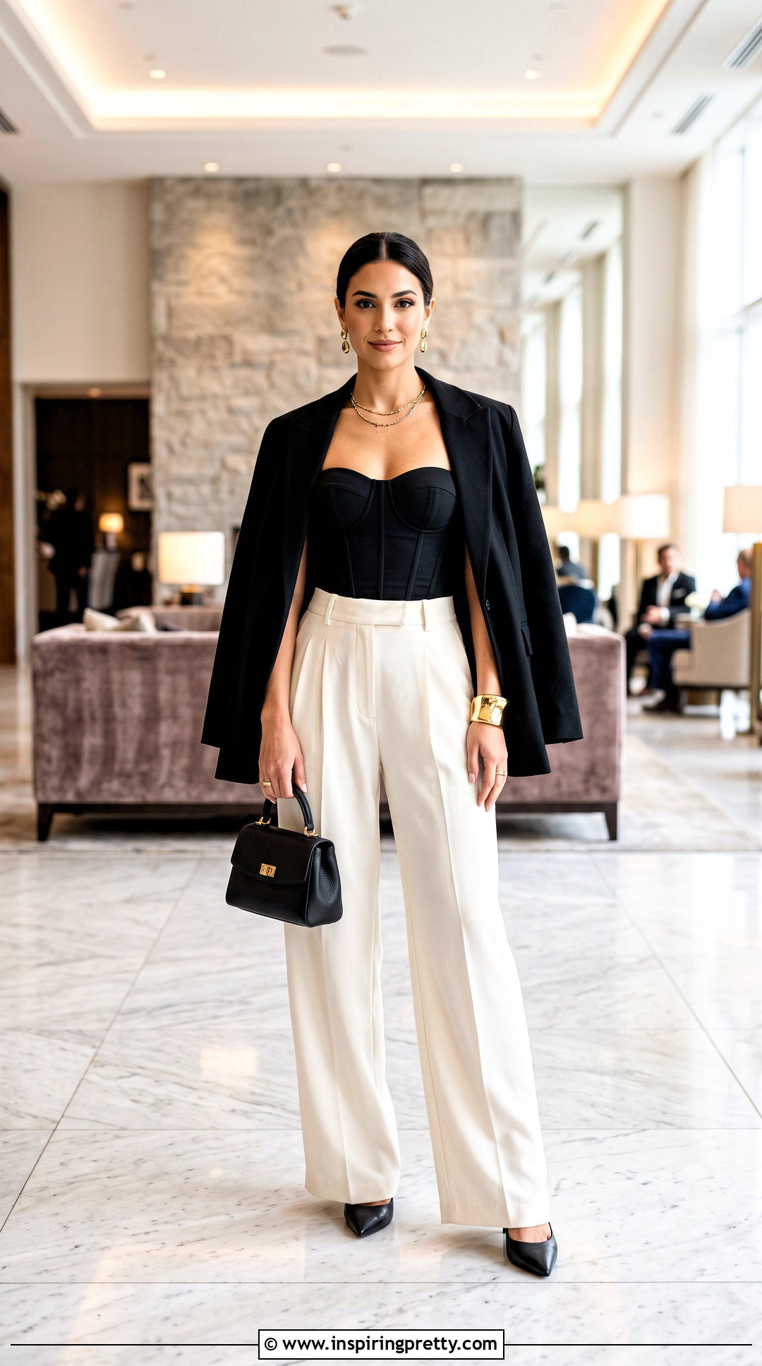Black Corset Top With Wide Leg Trousers - 50 black going out tops outfit ideas