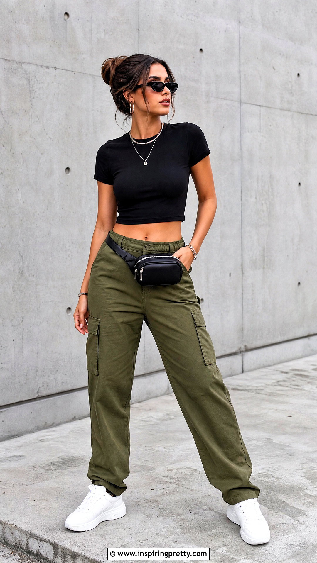 Black Cotton Short Top With Cargo Pants - 50 cotton short tops outfit ideas