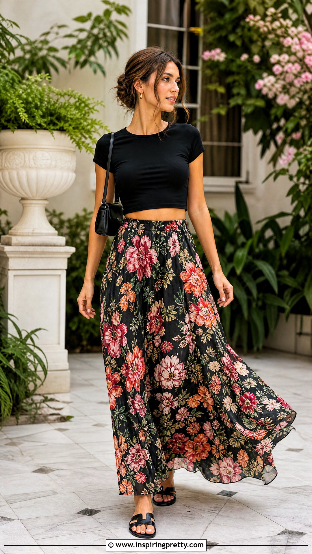 Black Cotton Short Top With Printed Maxi Skirt - 50 cotton short tops outfit ideas