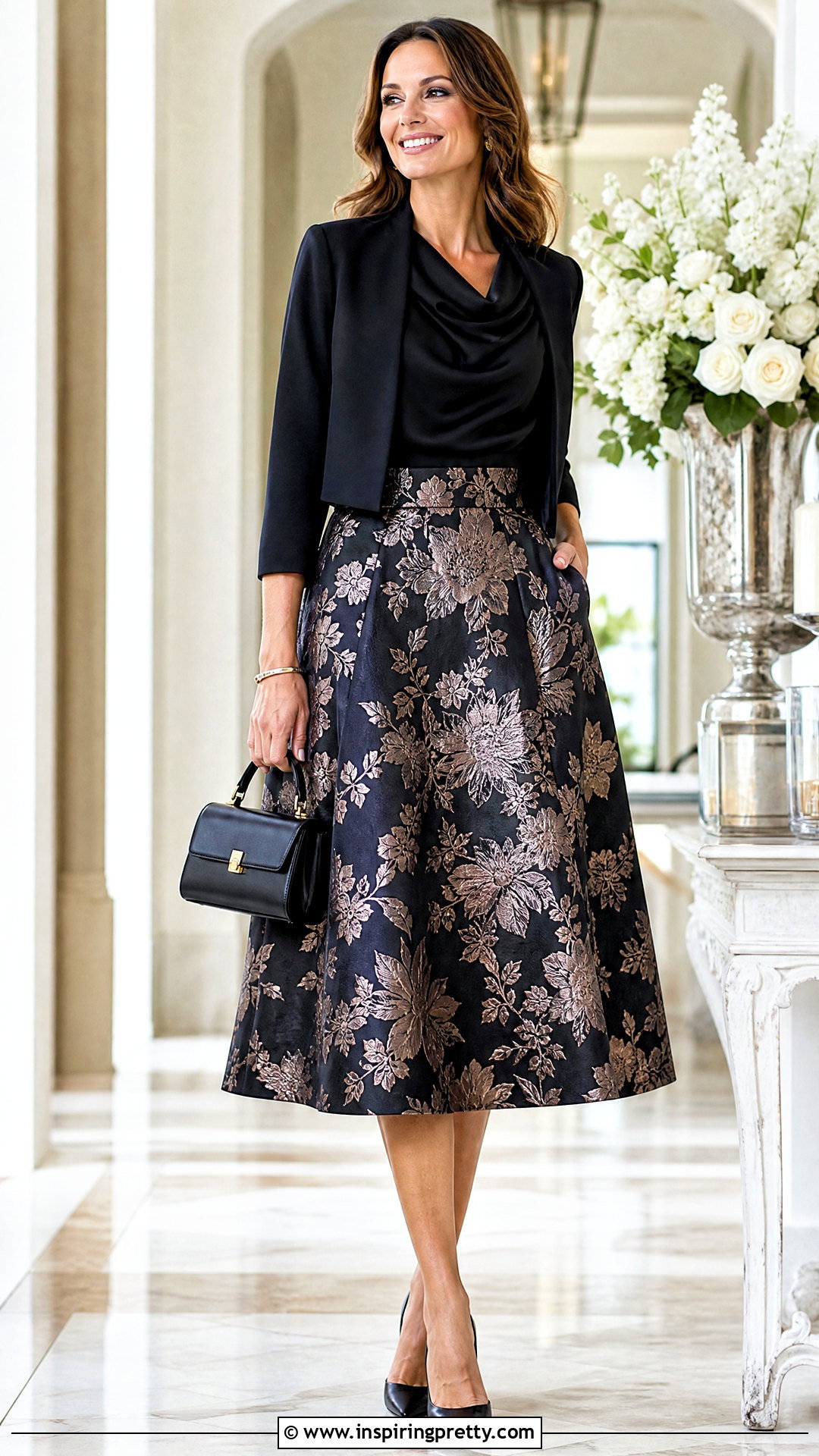Black Cowl Neck Top And Jacquard Skirt Outfit - 50 black top and skirt outfits