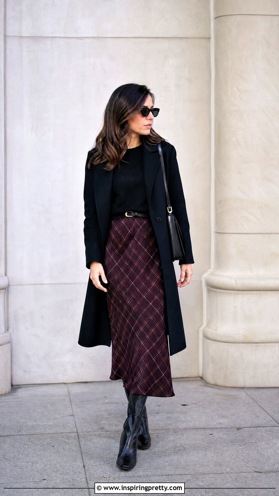 Black Crew Neck Sweater And Plaid Midi Skirt Outfit - 50 black top and skirt outfits