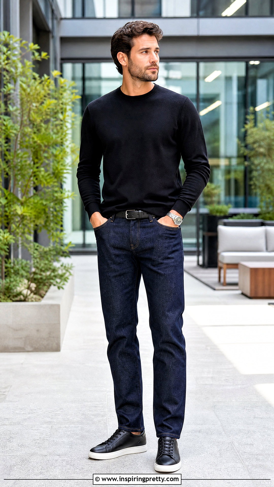 Black Crew Neck Sweater With Dark Jeans And Leather Sneakers - 25 Black Top With Jeans Men